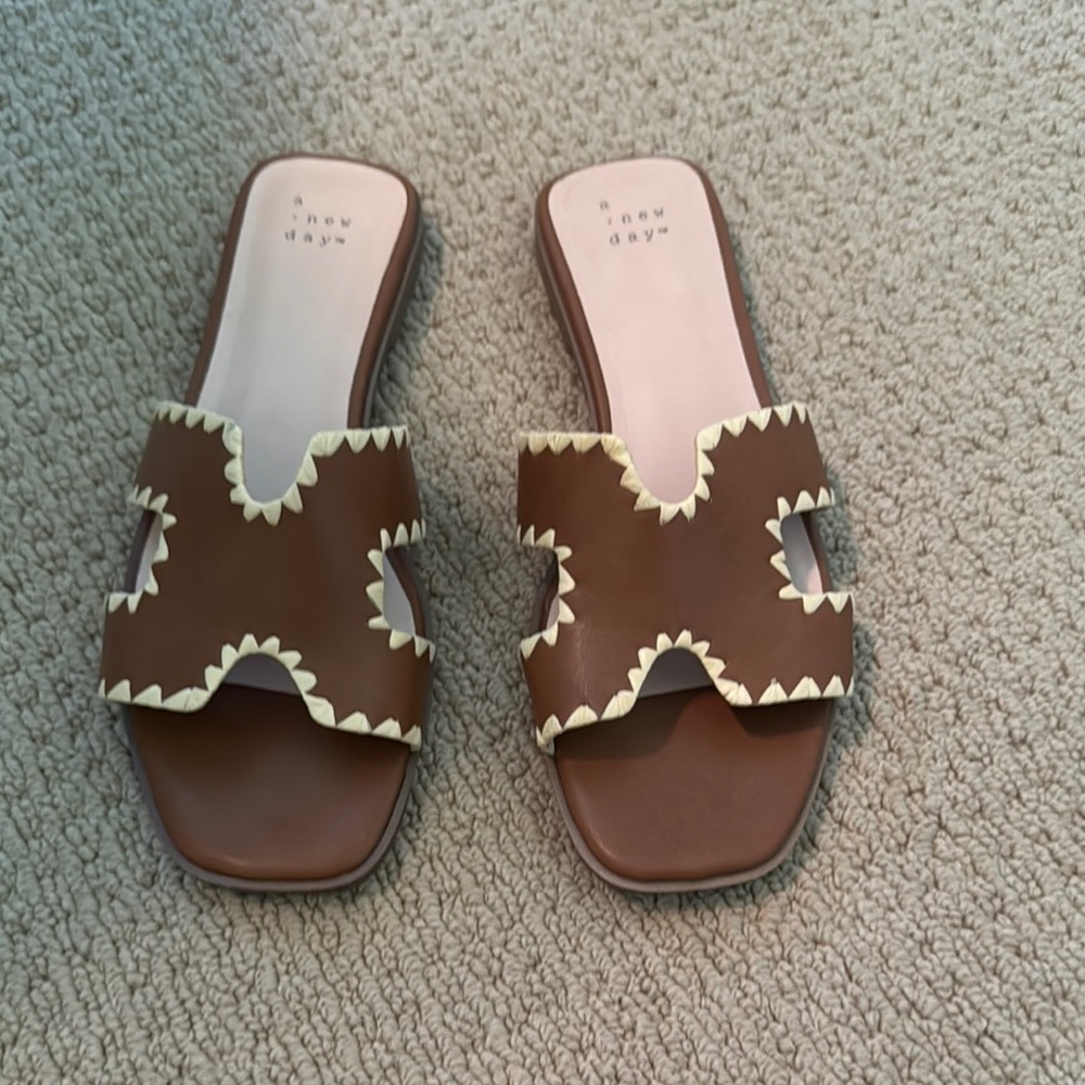 A New Day Brown and Cream Slide Sandals with Zigzag Design